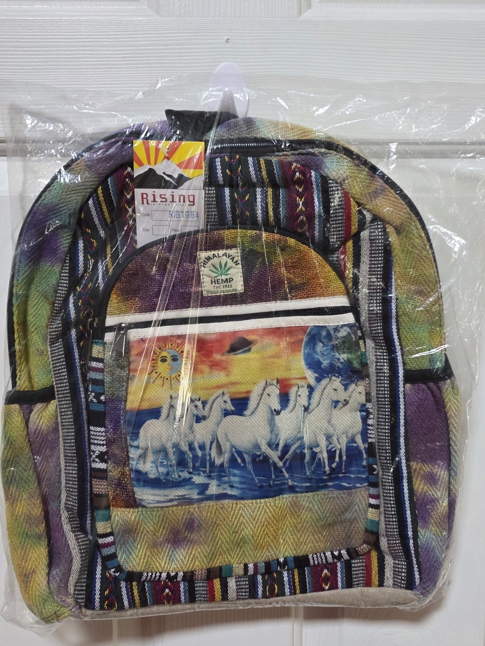 Rising International Multicolor Hemp Backpack White Horses, Made In Nepal NWT